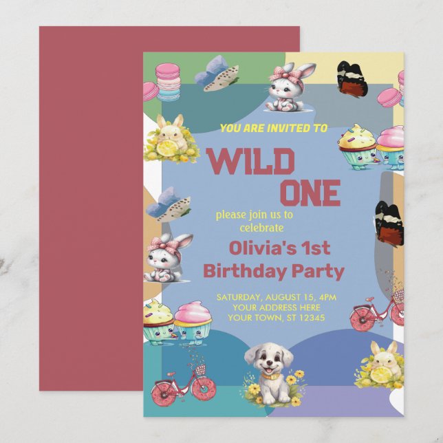 Wild One cute  Animals 1st Birthday  Invitation (Front/Back)