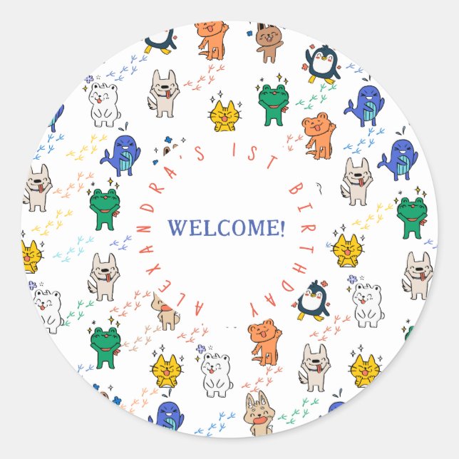 Wild ONE Cute Animals 1st Birthday Kids  Classic Round Sticker (Front)