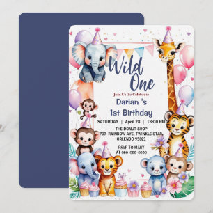 Wild One Cute Animals Balloon Boy 1st Birthday par Invitation