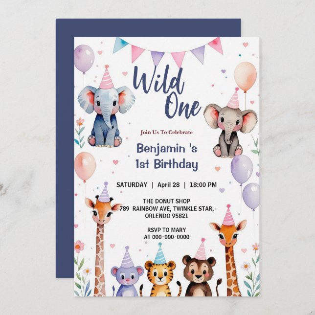 Wild One Cute Animals Balloon Boy 1st Birthday par Invitation (Front/Back)