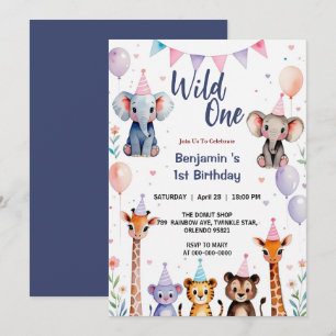 Wild One Cute Animals Balloon Boy 1st Birthday par Invitation