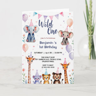 Wild One Cute Animals Balloon Boy 1st Birthday par Invitation