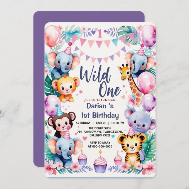 Wild One Cute Animals Balloon cupcake 1st Birthday Invitation (Front/Back)