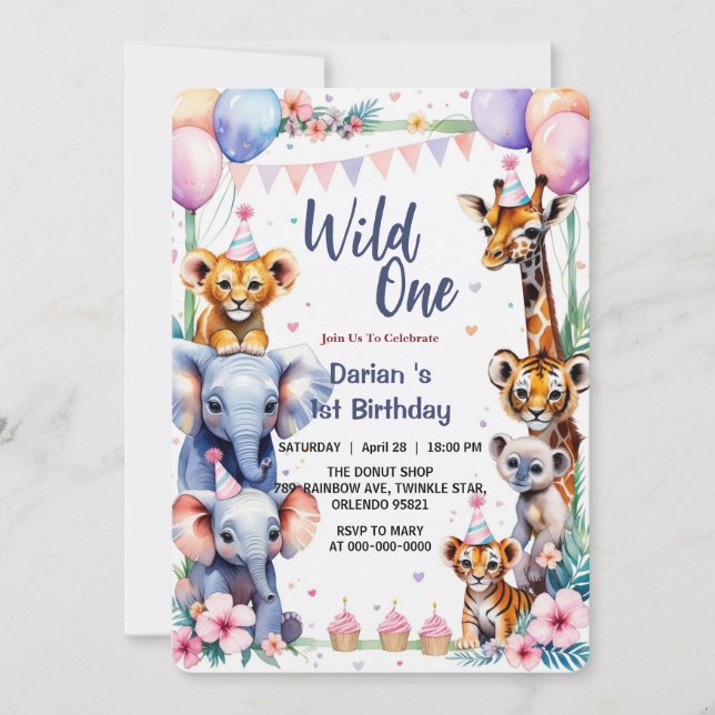 Wild One Cute Animals Balloon cupcake 1st Birthday Invitation (Front)