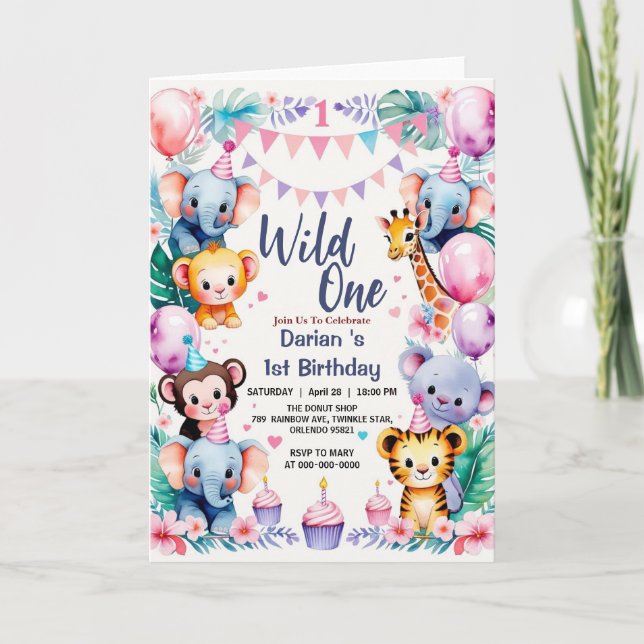 Wild One Cute Animals Balloon cupcake 1st Birthday Invitation (Front)