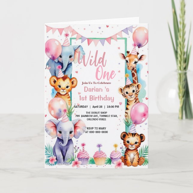 Wild One Cute Animals Balloon cupcake 1st Birthday Invitation (Front)
