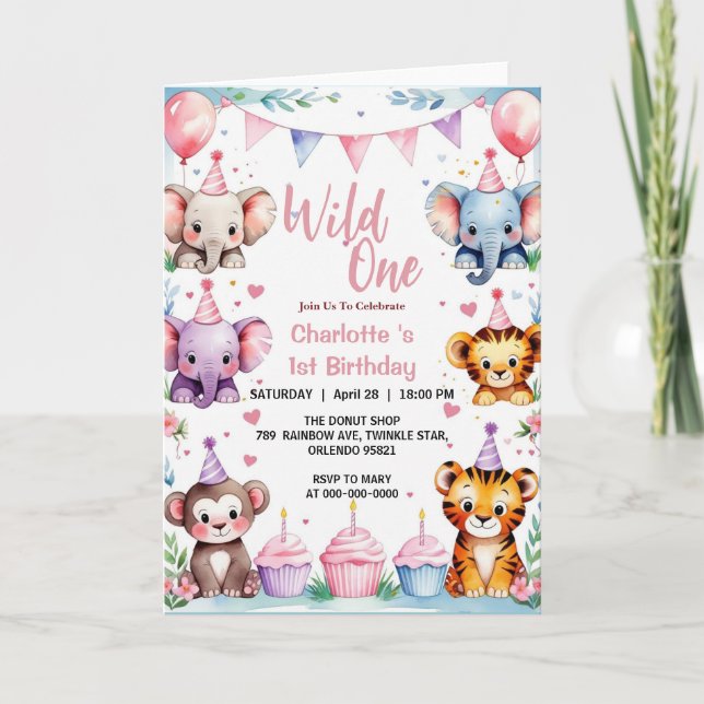 Wild One Cute Animals Balloon girls 1st Birthday Invitation (Front)