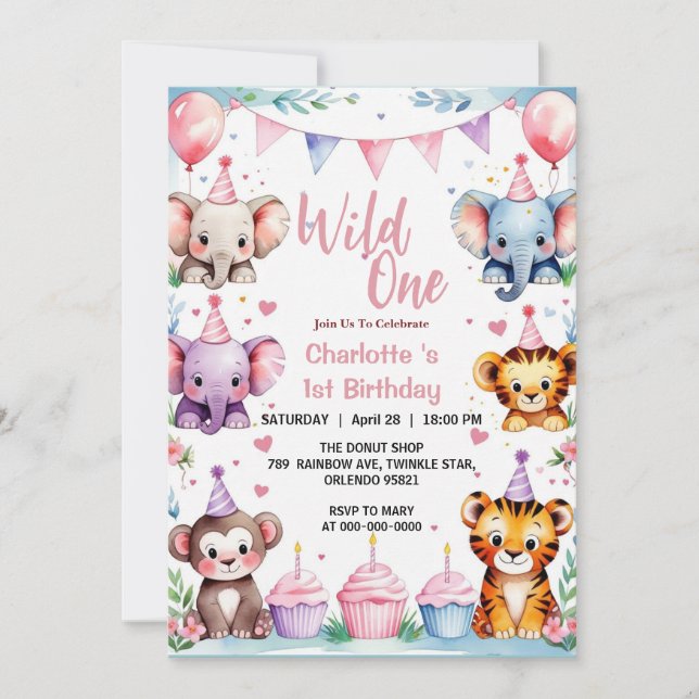Wild One Cute Animals Balloon girls 1st Birthday Invitation (Front)