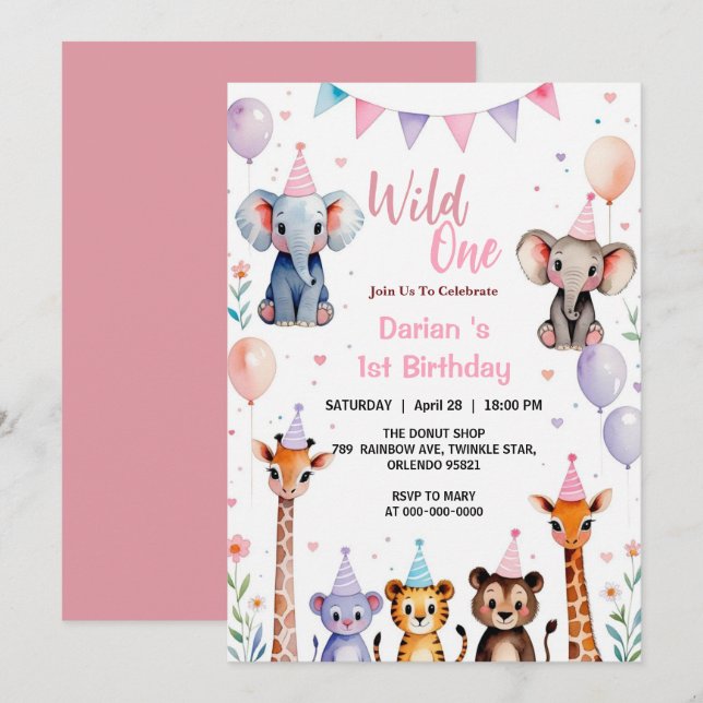 Wild One Cute Animals Balloon girls 1st Birthday Thank You Card (Front/Back)