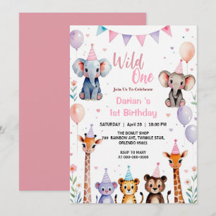 Wild One Cute Animals Balloon girls 1st Birthday Thank You Card