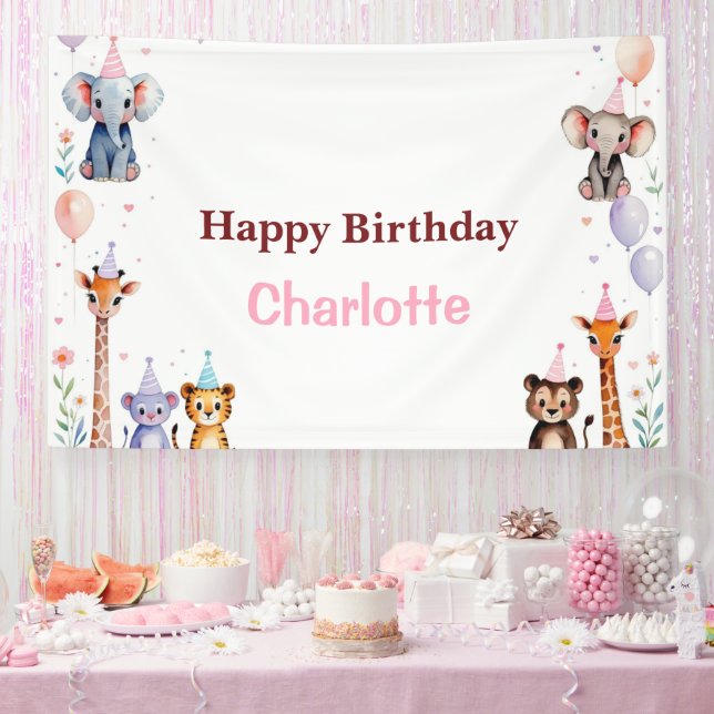 Wild One Cute Animals Balloon girls Birthday Banner (Party)