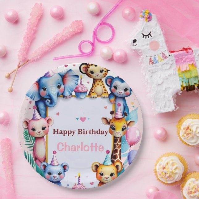 Wild One Cute Animals Balloon girls Birthday Paper Plate (Party)
