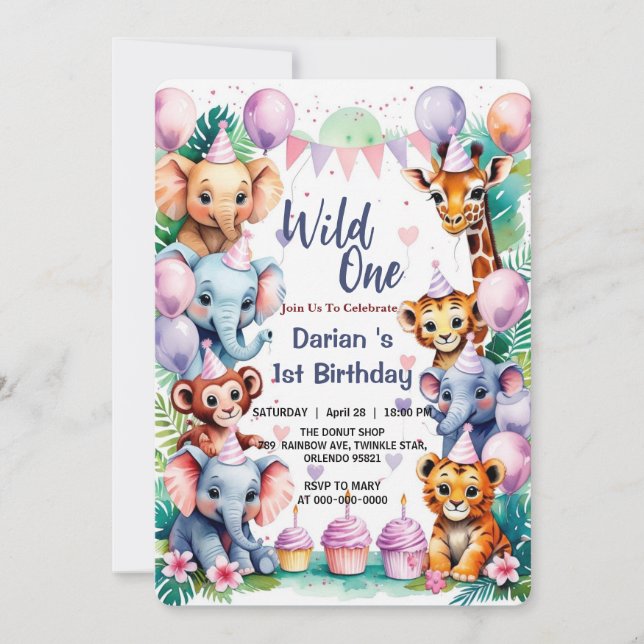 Wild One Cute Animals Balloon kids 1st Birthday Invitation (Front)