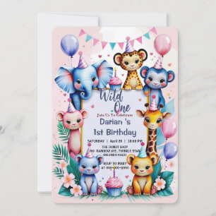 Wild One Cute Animals Balloon kids 1st Birthday Invitation