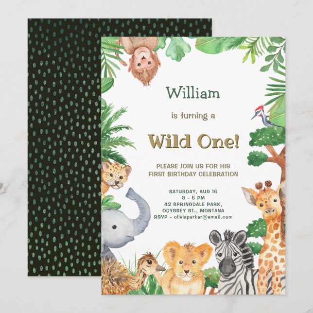 Wild One Cute Animals Jungle Safari Birthday Invitation (Front/Back)