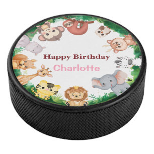 Wild One Cute Animals zoo Birthday party Hockey Puck