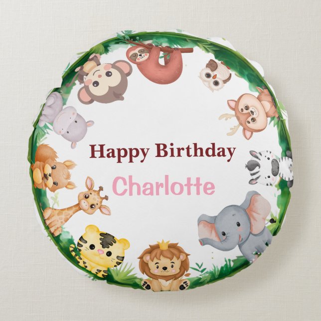 Wild One Cute Animals zoo Birthday party Round Cushion (Front)