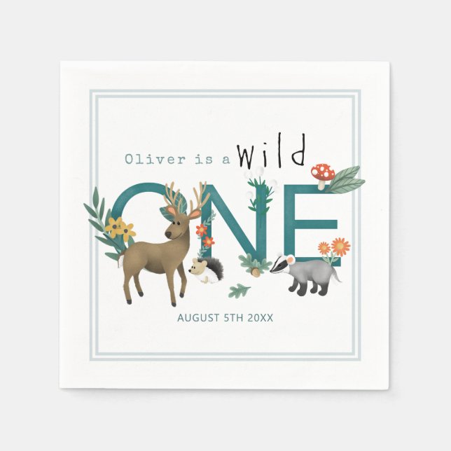 Wild One Cute Blue Woodland Animals 1st Birthday Napkin (Front)