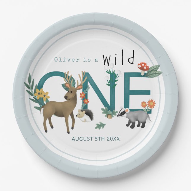 Wild One Cute Blue Woodland Animals 1st Birthday Paper Plate (Front)