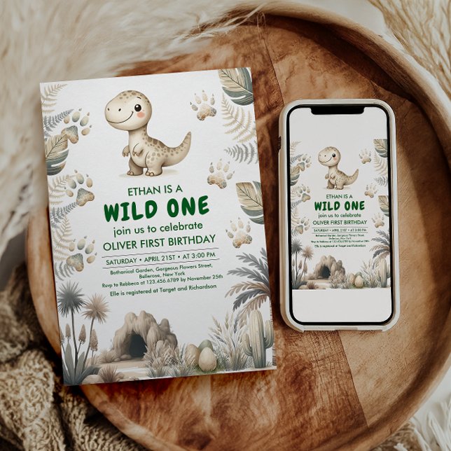 Wild One Cute Dinosaur First Birthday Party Invitation (Creator Uploaded)