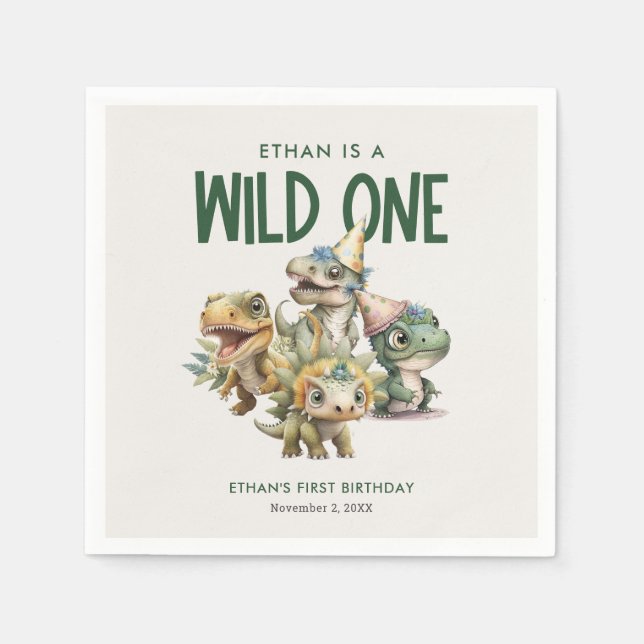 Wild One Cute Dinosaur First Birthday Party Napkin (Front)