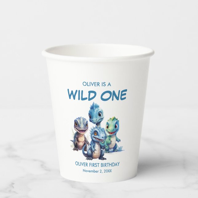 Wild One Cute Dinosaur First Birthday Party Paper Cups (Front)