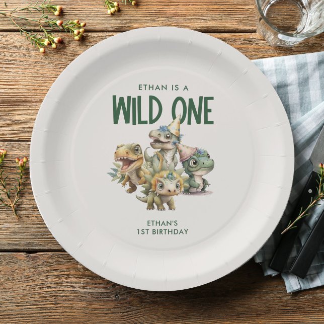 Wild One Cute Dinosaur First Birthday Party Paper Plate (Creator Uploaded)