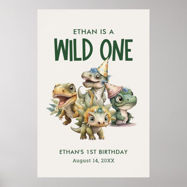 Wild One Cute Dinosaur First Birthday Party Poster (Front)