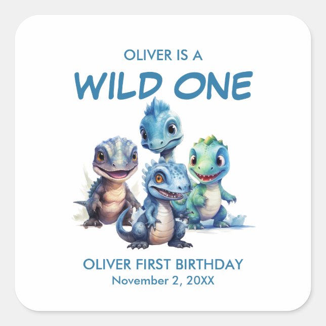 Wild One Cute Dinosaur First Birthday Party Square Sticker (Front)
