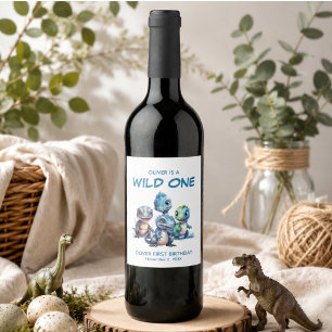 Wild One Cute Dinosaur First Birthday Party Wine Label