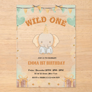 Wild One Cute Elephant 1st Birthday Invitation