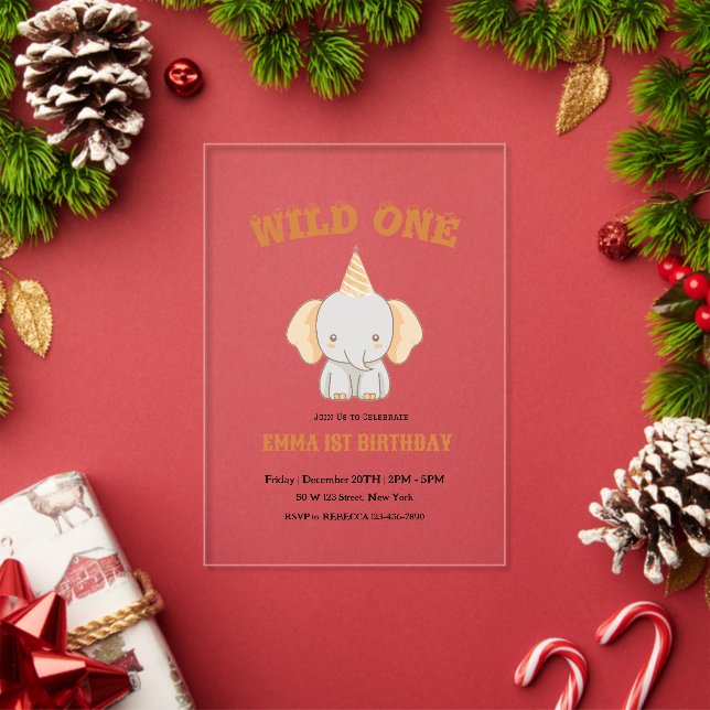 Wild One Cute Elephant 1st Birthday Invitation (Insitu (Holiday))