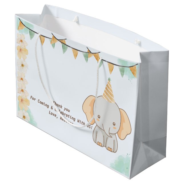 Wild One Cute Elephant 1st Birthday Large Gift Bag (Back Angled)
