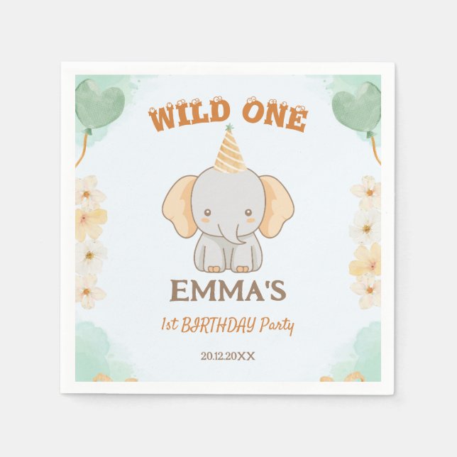 Wild One Cute Elephant 1st Birthday  Napkin (Front)
