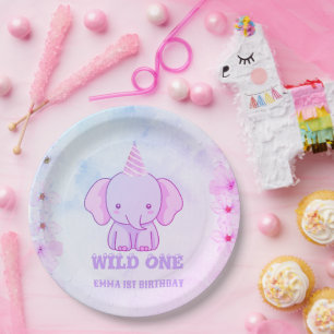 Wild One Cute Elephant 1st Birthday Paper Plate