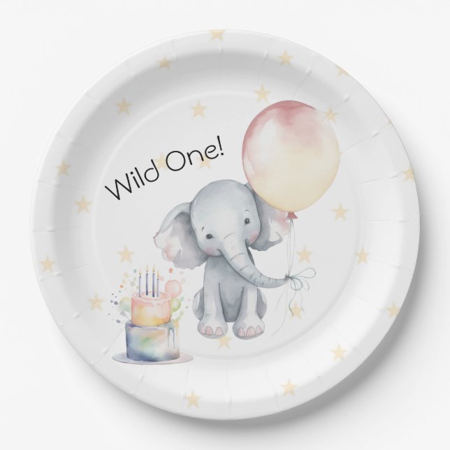 Wild One Cute Elephant Balloon Cake 1st Birthday Paper Plate (Front)