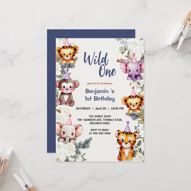 Wild One Cute flowers Animal Child's 1st Birthday  Invitation (Front/Back In Situ)