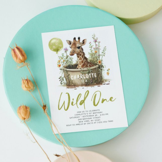 Wild One Cute Giraffe 1st Birthday Animal Balloon Invitation (Creator Uploaded)