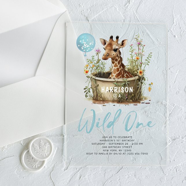Wild One Cute Giraffe 1st Birthday Boho Animal  Acrylic Invitations (Creator Uploaded)