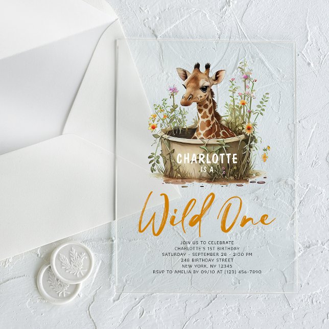 Wild One Cute Giraffe 1st Birthday Boho Animal  Acrylic Invitations (Creator Uploaded)