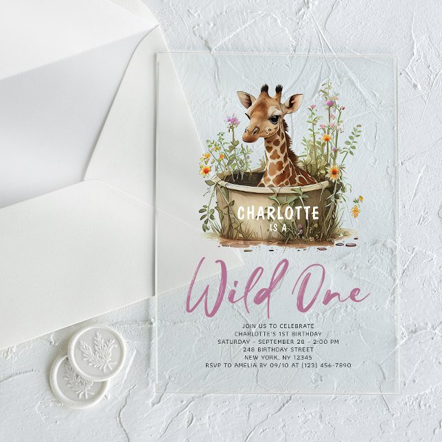 Wild One Cute Giraffe 1st Birthday Boho Animal  Acrylic Invitations (Creator Uploaded)