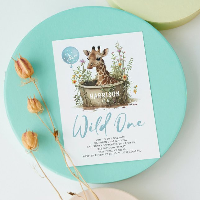 Wild One Cute Giraffe 1st Birthday Boho Animal Invitation (Creator Uploaded)