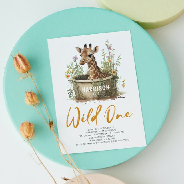 Wild One Cute Giraffe 1st Birthday Boho Animal Invitation (Creator Uploaded)