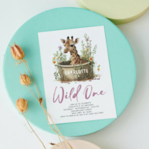 Wild One Cute Giraffe 1st Birthday Photo Animal Invitation