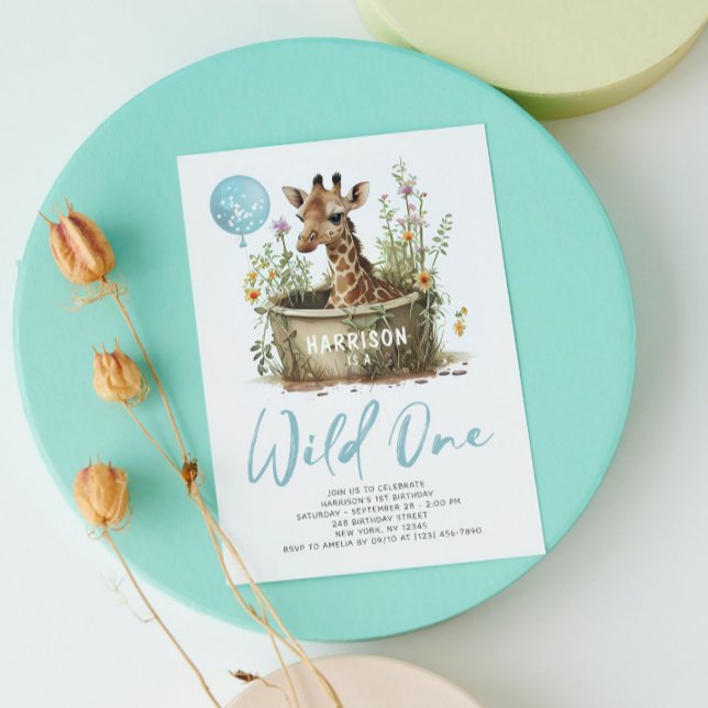 Wild One Cute Giraffe 1st Birthday Photo Animal Invitation (Creator Uploaded)