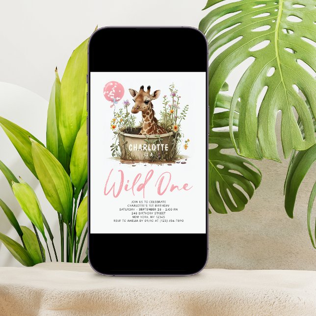 Wild One Cute Giraffe 1st Birthday Photo Animal Invitation (Creator Uploaded)
