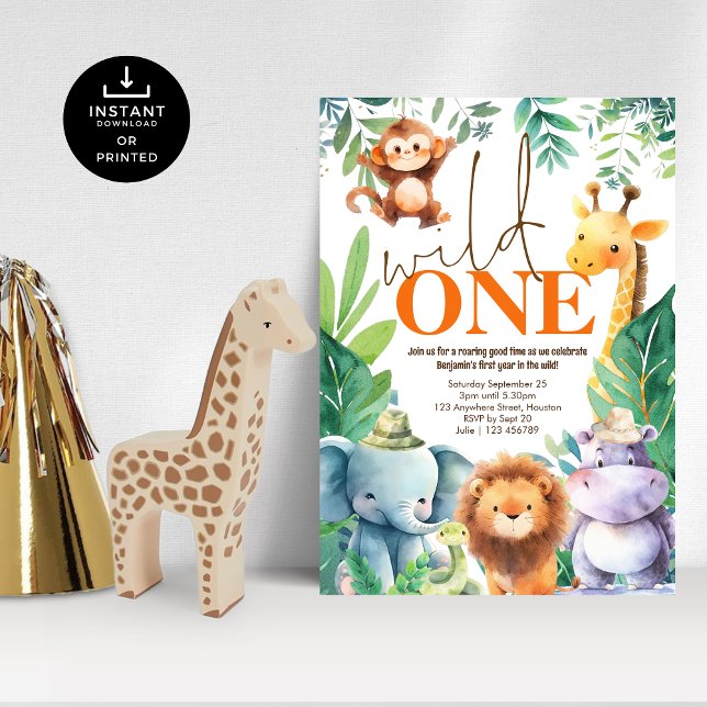 Wild One Cute Jungle Animals 1st Birthday Party Invitation (Creator Uploaded)