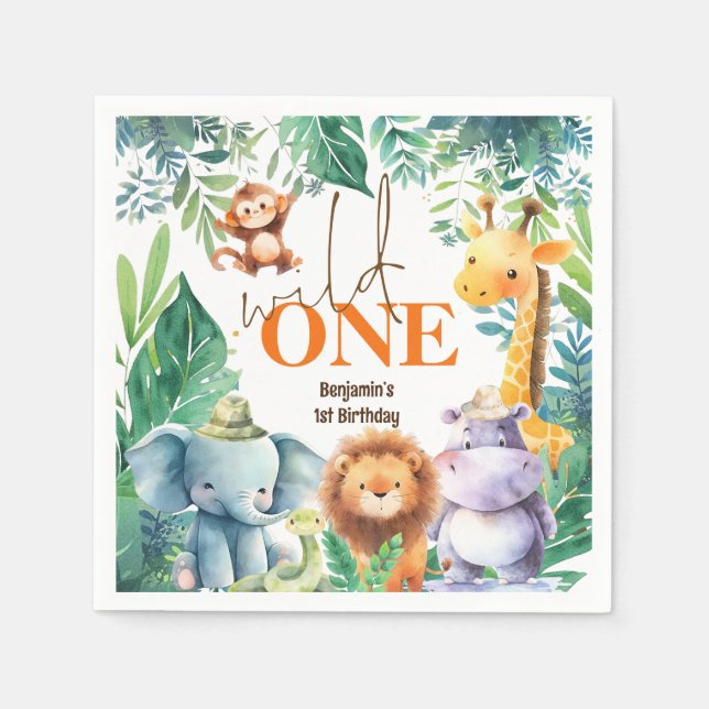 Wild One Cute Jungle Animals 1st Birthday Party Napkin (Front)