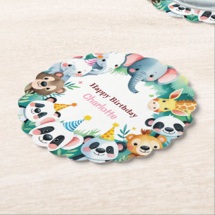 Wild One Cute Jungle Animals Child's Birthday Paper Coaster