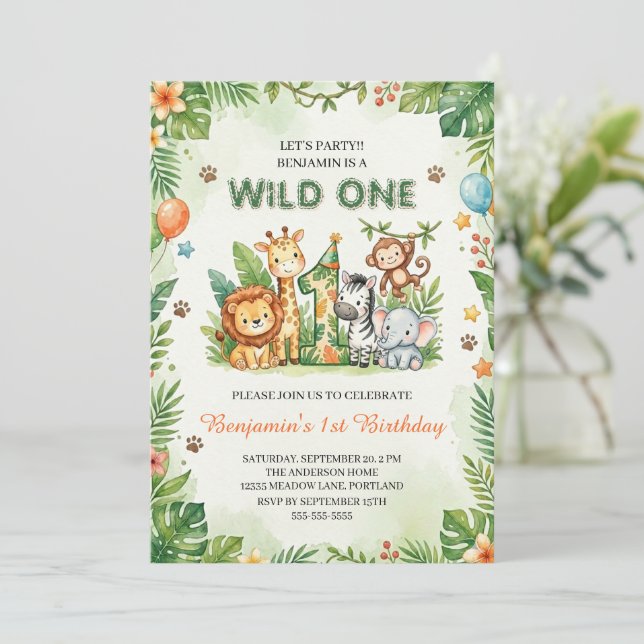 Wild One Cute Jungle Animals Kids 1st Birthday  Invitation (Standing Front)